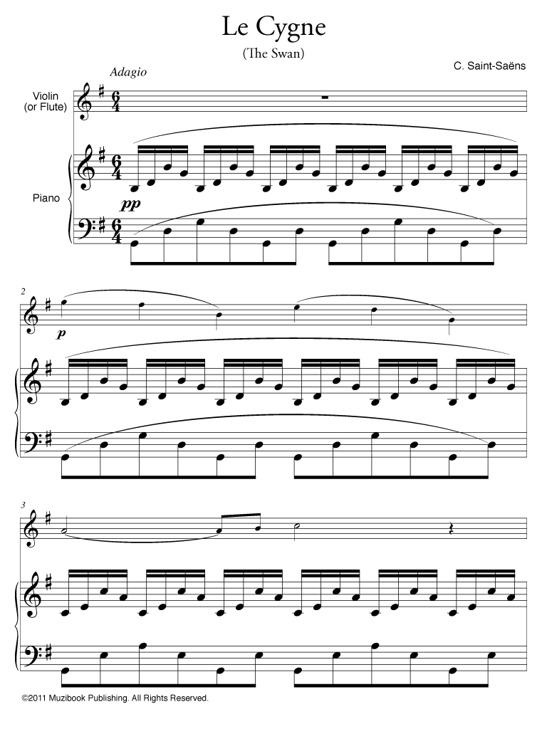 The Swan from The Carnival of the Animals Sheet music for Piano, Violin  (Solo)