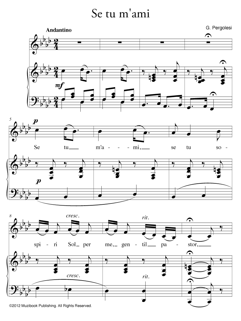 Se tu m'ami Medium Voice and Piano Giovanni Battista Pergolesi